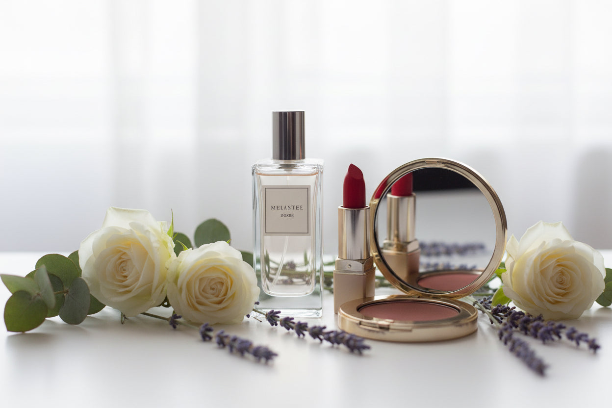 Cosmetic products including a perfume bottle, lipstick, and compact mirror surrounded by flowers on a light background.
